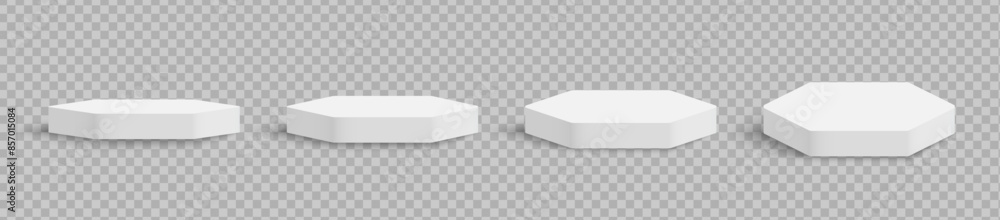 Poster white matte hexagon podium, winner platform or product display from different angles. white stage, e