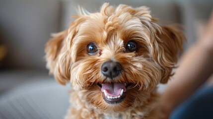 A fluffy, cute dog sits on a sofa, with its owner blurred in the background, exuding a sense of comfort and companionship within a cozy home environment.