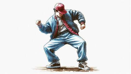 Image of a man in a dynamic pose wearing a denim jacket and pants with white sneakers