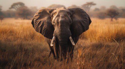 Obraz premium Picture a wise old elephant leading its herd through the savannah. Imagine its majestic presence and gentle demeanor, symbolizing strength, loyalty, and familial bonds in the animal kingdom.