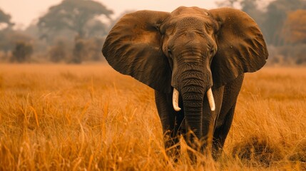 Obraz premium Picture a wise old elephant leading its herd through the savannah. Imagine its majestic presence and gentle demeanor, symbolizing strength, loyalty, and familial bonds in the animal kingdom.