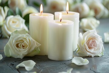 White candles with roses and flowers petals, funeral memrial, sympathy and condolences card, death notice