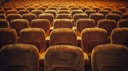 Obraz premium Rows of empty seats sit in solemn anticipation, their plush cushions longing to cradle the viewers who have yet to return to the embrace of the silver screen.