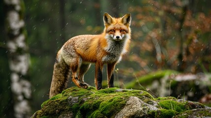 Fototapeta premium A red fox stands on a mossy rock in the woods