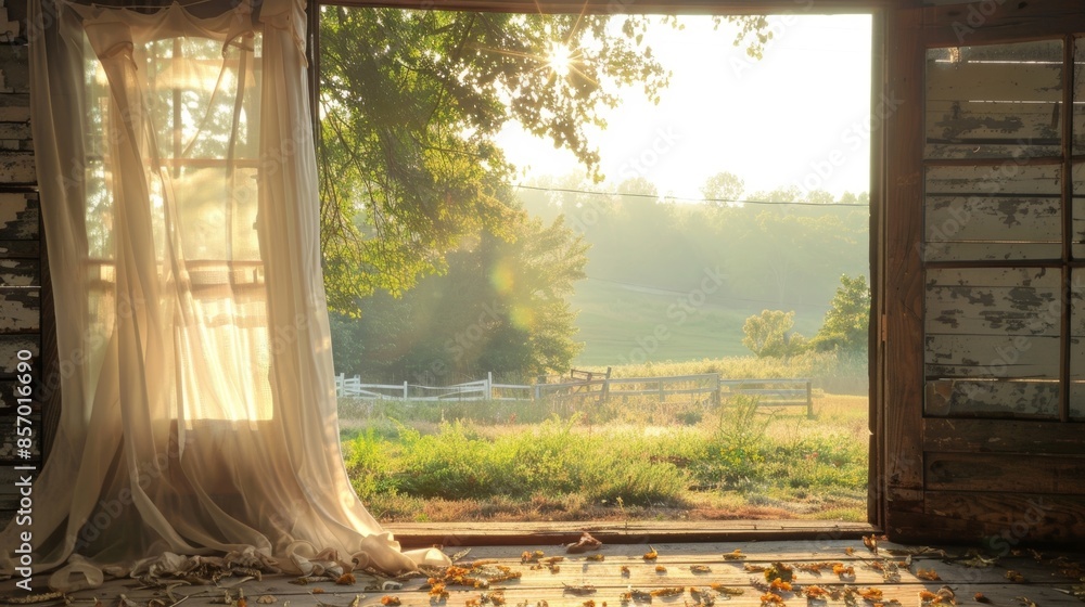 Poster the wind blows through an open doorway of the farmhouse creating a billowing d effect on the gauzy c