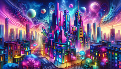 Obraz premium Colorful, psychodelic cityscape
