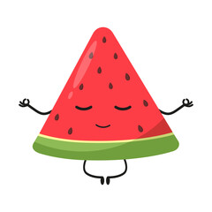 funny character meditates. relaxing watermelon slice. cute cartoon character in lotus position