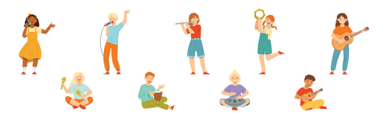 Happy Teen Boy and Girl Playing Different Musical Instruments and Singing Song Vector Set