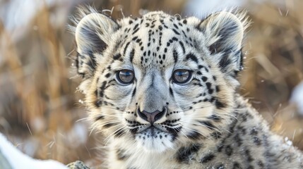 Fototapeta premium The portrait of the snow leopard cub serves as a poignant reminder of the urgent need for conservation efforts to protect this iconic species and ensure its survival for generations to come.