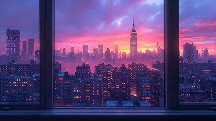 Urban Dawn: Dawn breaking over the city skyline, seen through a window, with the soft glow of morning light painting the buildings in pastel hues. Illustration, Minimalism,