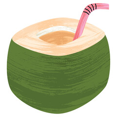 A Coconut Drinks PNG transparent background in a Painterly Style Summer Beach concept, illustration