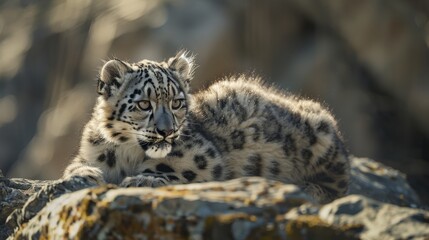 Fototapeta premium The snow leopard cub's fur, a mesmerizing tapestry of spots and shadows, serves as a testament to the adaptability and resilience of this elusive and endangered species.