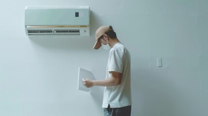 Obraz premium Thorough inspection of air conditioning unit by HVAC technician for maintenance and performance. HVAC service technician. Copyspace