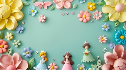 A light blue background with a colorful border of flowers and three princesses made from playdough.