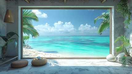 Beachfront View: A window overlooking a pristine beach, with turquoise waters and palm trees swaying gently in the breeze, evoking a sense of relaxation and escape. Illustration, Minimalism,
