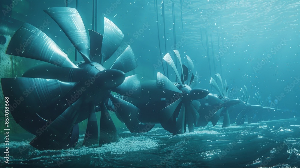 Wall mural Tidal turbines dance beneath the waves, capturing the rhythmic pulse of the ocean's currents to generate clean, reliable energy with minimal environmental footprint.