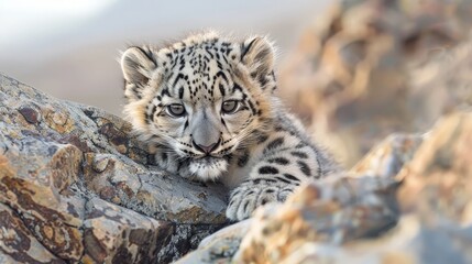 Fototapeta premium Through the lens of the photographer, the innocence and vulnerability of the snow leopard cub are juxtaposed against the rugged backdrop of its mountainous habitat