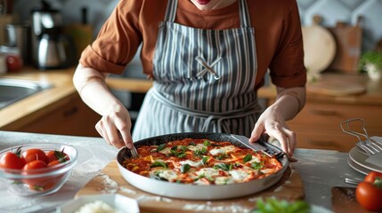 Person in a brown shirt and apron cutting a hot, freshly baked pizza topped with melted cheese and fresh basil in a well-organized kitchen setting.