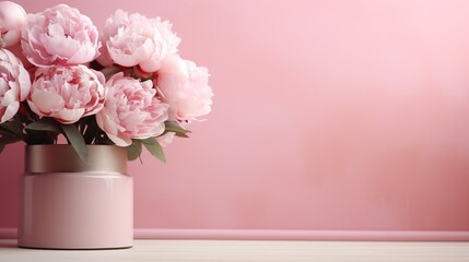 Naklejka premium Tender peonies on pink background with copy space. Abstract natural floral frame layout with text space. Romantic feminine composition