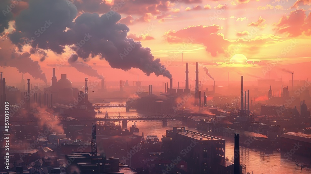 Canvas Prints Visualize a bustling industrial cityscape at dawn. Picture the factory smokestacks releasing plumes of smoke into the sky, contrasting with the first light of the day and highlighting 