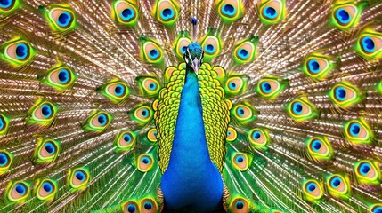 Obraz premium Visualize a colorful peacock displaying its vibrant plumage. Picture its iridescent feathers fanned out in a majestic display, captivating observers with its beauty and elegance.