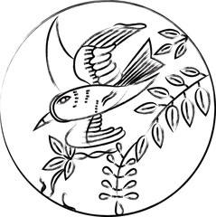 筆書き円形花札　卯月　藤　不如帰　4月　藤に不如帰