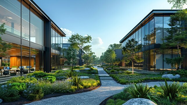 Office Park View: A view of an office park from a window, with modern buildings and landscaped gardens, ideal for corporate brochures and presentations. Illustration, Minimalism,