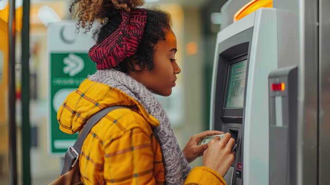 A person dressed in a yellow plaid coat is putting money into a ticket machine at a terminal, showcasing the blend of traditional payments in a digital world.
