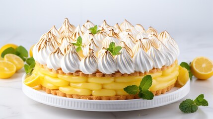 Meringue homemade lemon cake pie as perfect party original dessert on white background