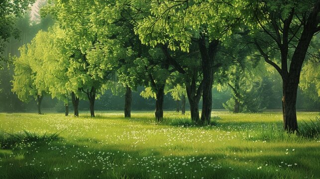 Visualize a lush, green meadow with a group of chestnut trees. Picture the trees in full bloom, with their spiky fruit hanging down, adding to the vibrant and fertile landscape.