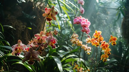 Visualize a lush tropical rainforest alive with the vibrant colors of exotic orchids, their intricate blooms clinging to the branches of towering trees and adding to the rich tapestry of biodiversity.