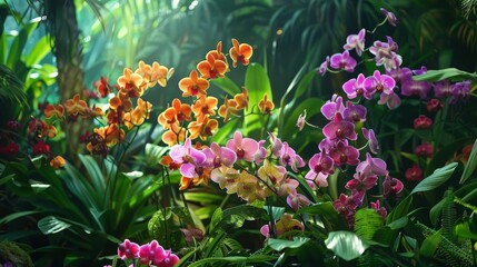 Obraz premium Visualize a lush tropical rainforest alive with the vibrant colors of exotic orchids, their intricate blooms clinging to the branches of towering trees and adding to the rich tapestry of biodiversity.