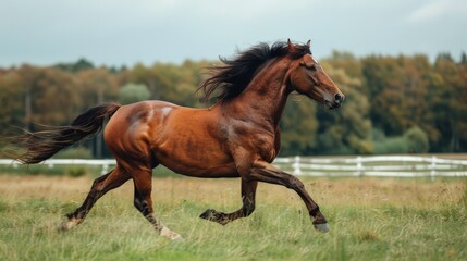 Fototapeta premium Visualize a majestic horse galloping across an open field. Picture its powerful muscles rippling beneath its coat as it runs free, embodying grace, strength, and freedom in motion.