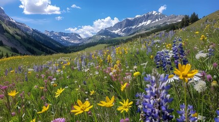 Obraz premium Visualize a peaceful alpine meadow carpeted in colorful wildflowers, with snow-capped peaks rising majestically in the distance and clear mountain air filling your lungs with freshness.