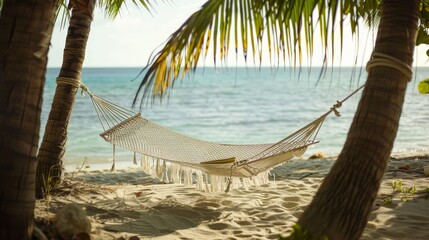 Visualize a peaceful beachside hammock strung between two palm trees. Imagine yourself gently swaying in the breeze, with a good book in hand and the soothing sound of the ocean waves.