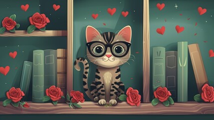 A cute tabby cat wearing glasses sits among bookshelves and roses, surrounded by hearts.