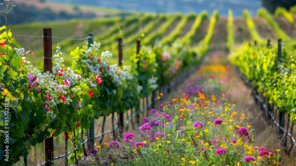 Poster visualize a picturesque vineyard in bloom, with rows of grapevines adorned with clusters of delicate