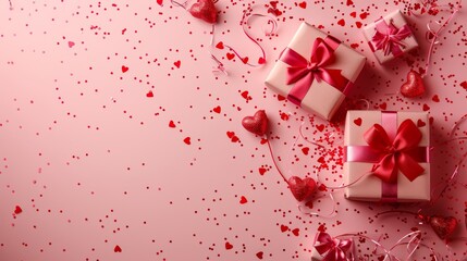 Pink background with wrapped gifts, red bows and confetti. Valentines day, love, gift giving concept.