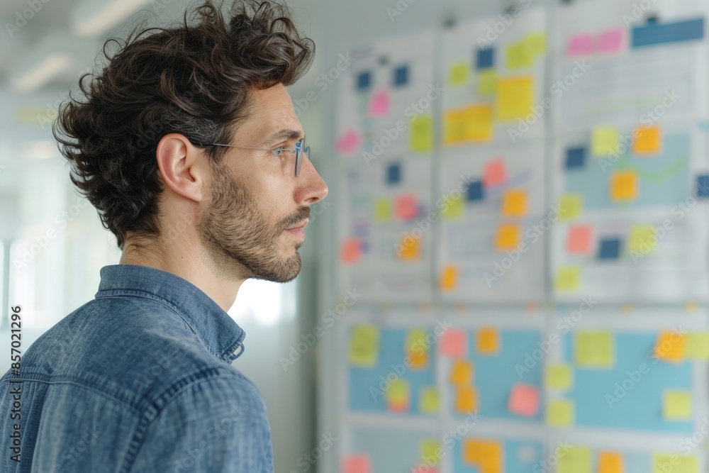 Poster creative mobile app developer sketching interactive ad ideas in minimalist office space for document