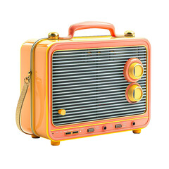 Front view of a shiny new vintage transistor radio in retro colors and style isolated on a white transparent background
