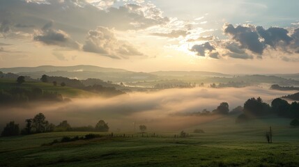 Visualize a serene countryside beneath a blanket of stratocumulus clouds, their low-lying layers creating a soft and diffused light that bathes the landscape in a gentle glow.