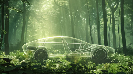 The advanced electric vehicle is artfully incorporated in a serene forest, merging modern technology with the beauty of nature for a harmonious blend