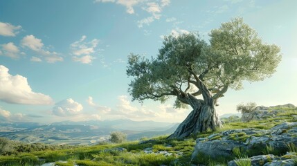 Obraz premium Visualize a serene hilltop with an ancient olive tree. Picture its twisted, gnarled trunk and silvery leaves, standing as a symbol of peace