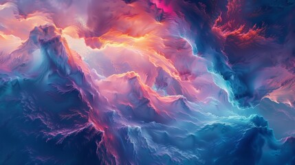 Abstract digital art of swirling clouds in vibrant pink, blue, and orange hues.
