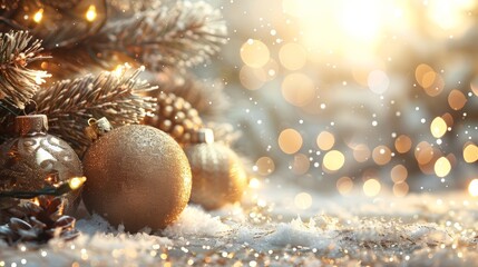 Golden Christmas ornaments and pine cones on a snowy background with warm bokeh lights.