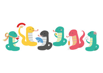 2025年　巳年　年賀状用　干支のヘビの宴会イラスト