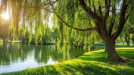 Obraz premium Visualize a serene riverside with willow trees. Picture their long, graceful branches dipping into the water, creating a soothing and picturesque spot perfect for relaxation and reflection.