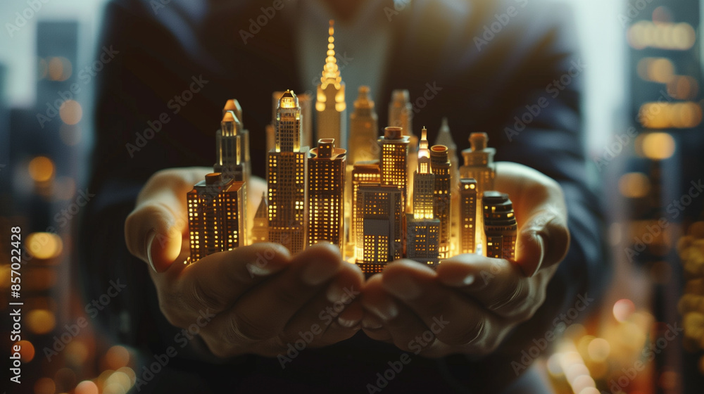 Poster Close up of businessman holding city model in hands