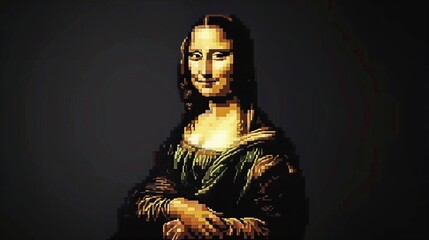 abstract 3d pixel style mona lisa render on dark background with copy space