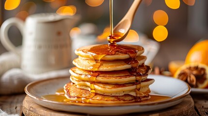 A stack of golden pancakes drizzled with maple syrup, ready to be enjoyed.  A cozy, warm, and inviting image perfect for breakfast or brunch.